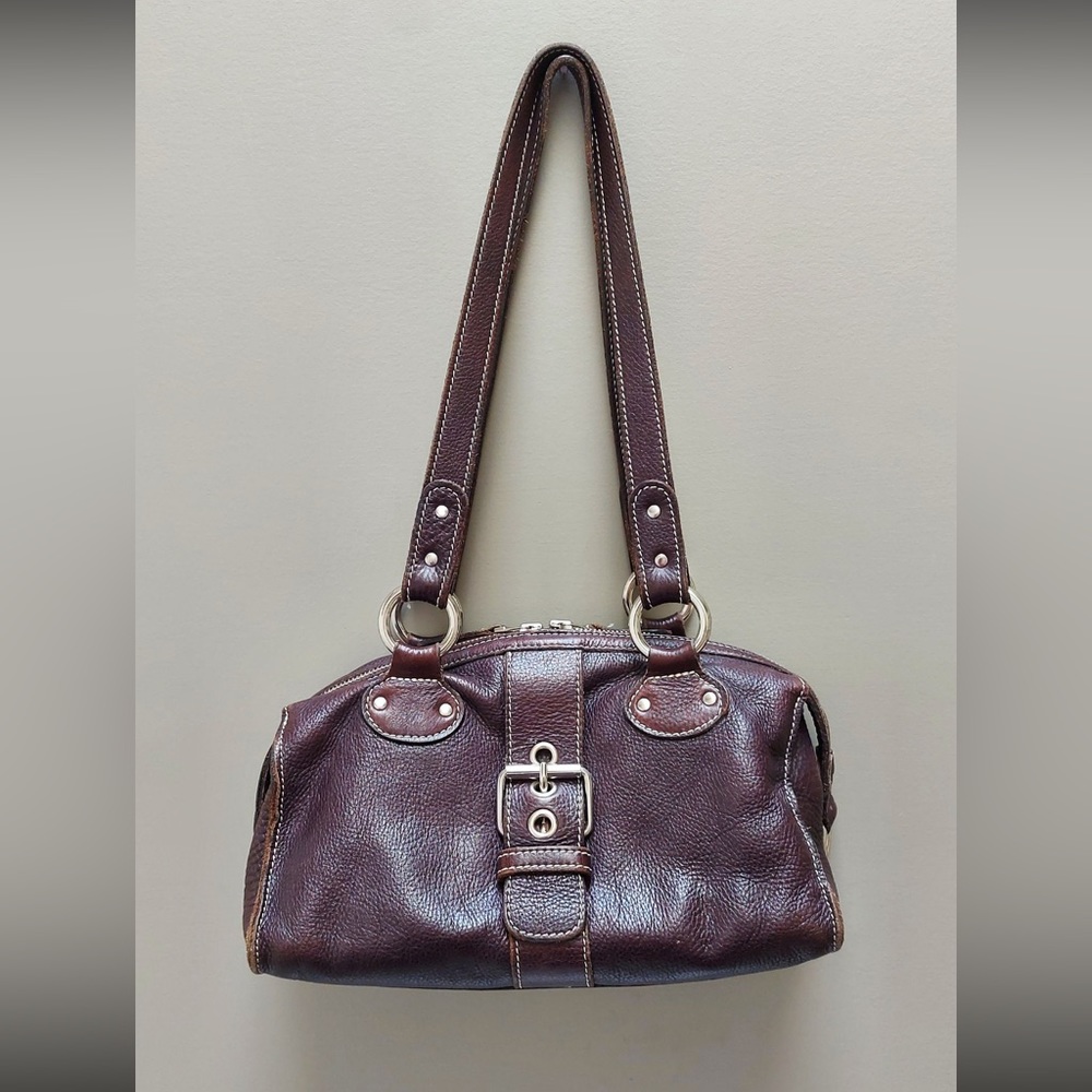 Roots leather shoulder bag, purse, brown pebbled leather, Made in Canada